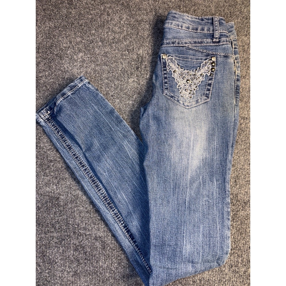 Love Culture Jeans Women's 0 Blue Denim Decorative Gem‎ Detailing Along Pocket